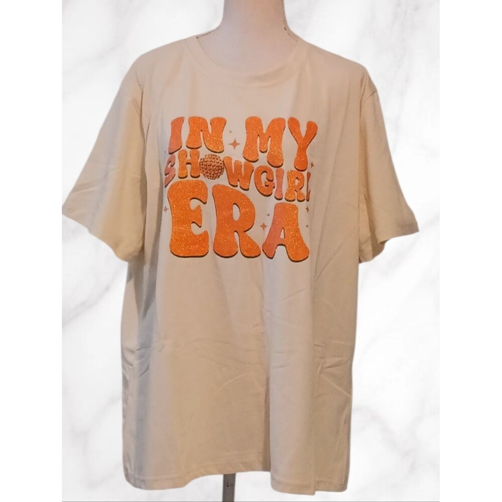 Beige Short-Sleeve Graphic Tee with Orange Retro Print XL New